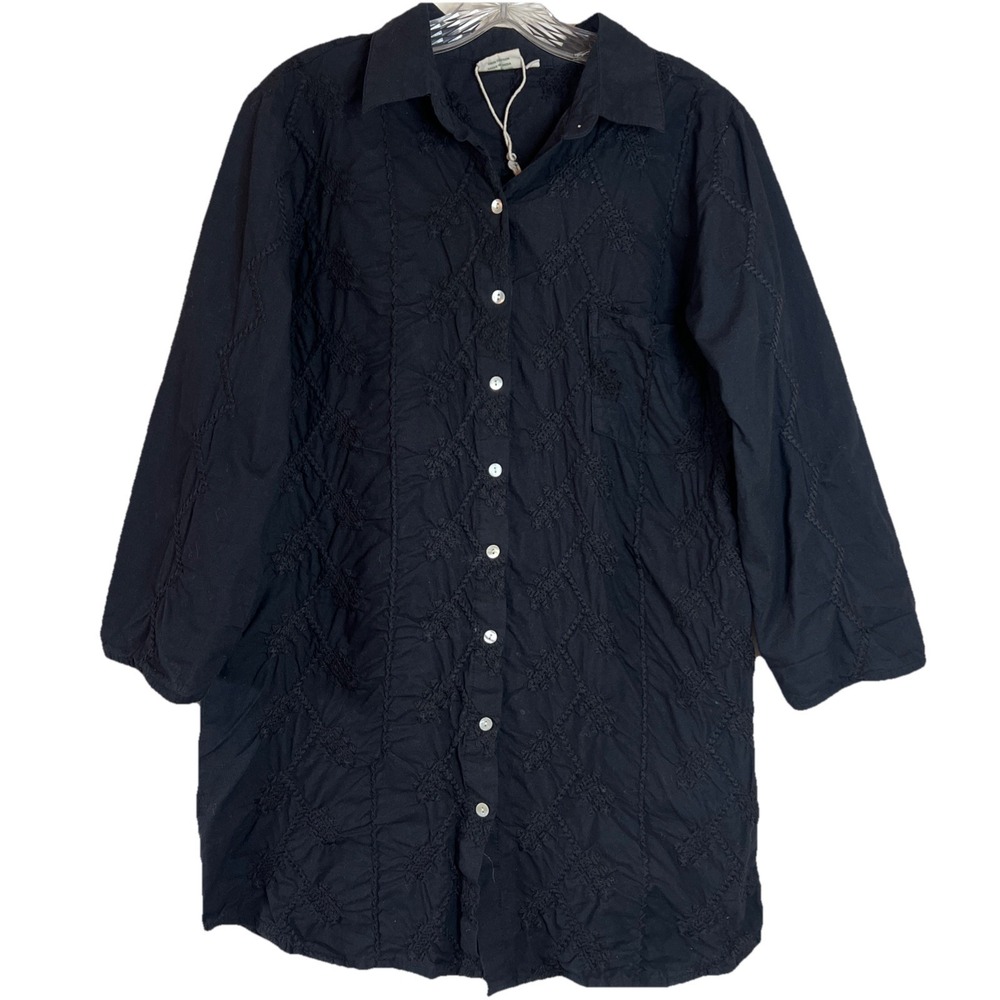 NEW Julia Amory Black Embroidered Long Sleeve The Swizzle Button Up Dress Medium - Picture 2 of 8
